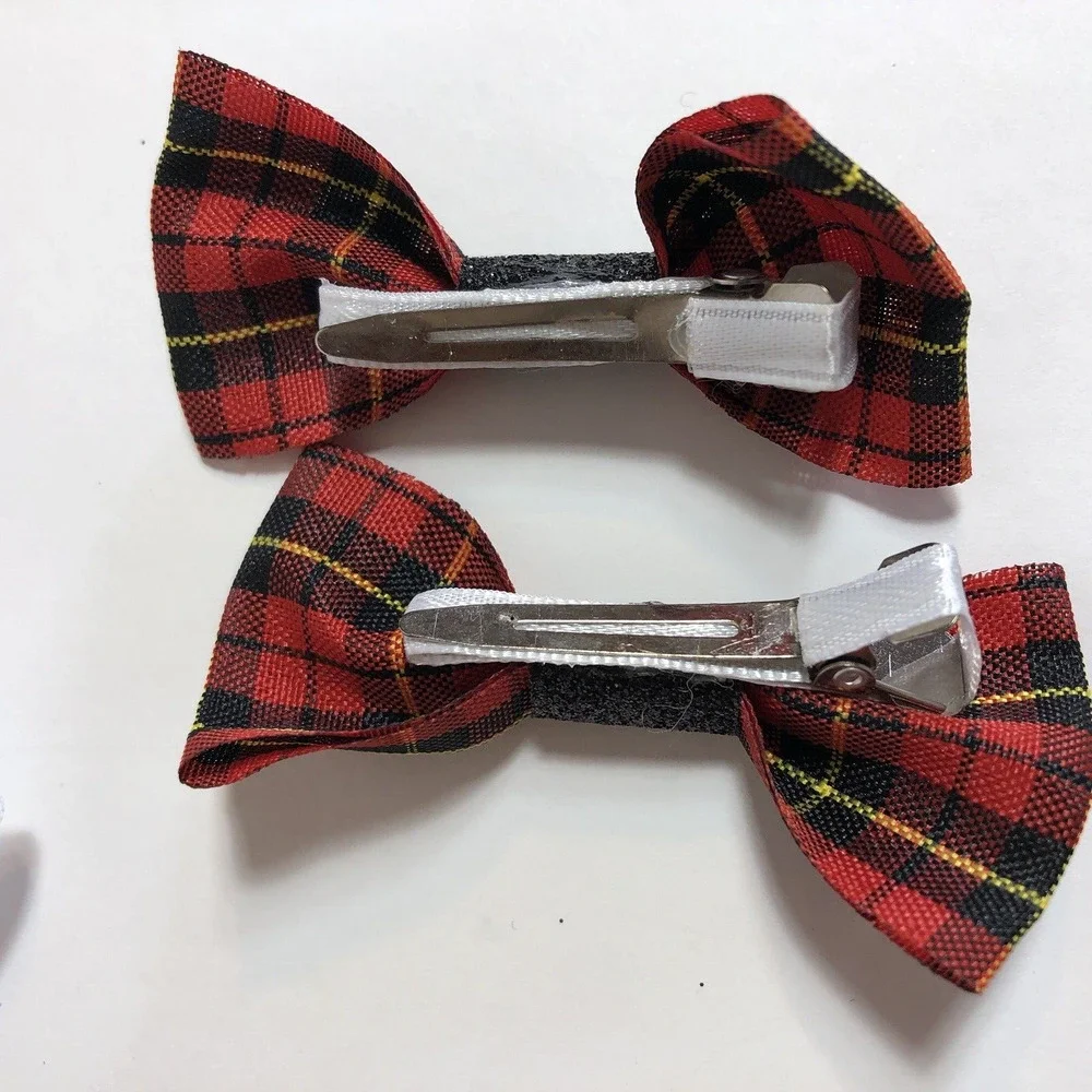 Hair Clip Barrette Lot Ribbon Bow - White and Red Plaid - Trendy New Coquette